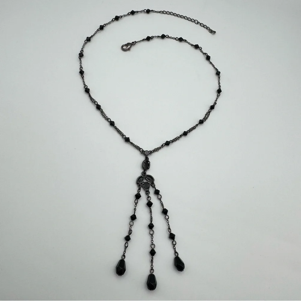 Gothic Style Black Crystal Beaded Y Necklace with Multi-Drop Tassel